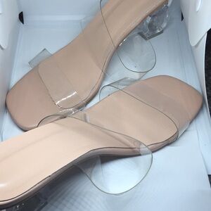 Tan/Beige and clear double ring heeled sandals